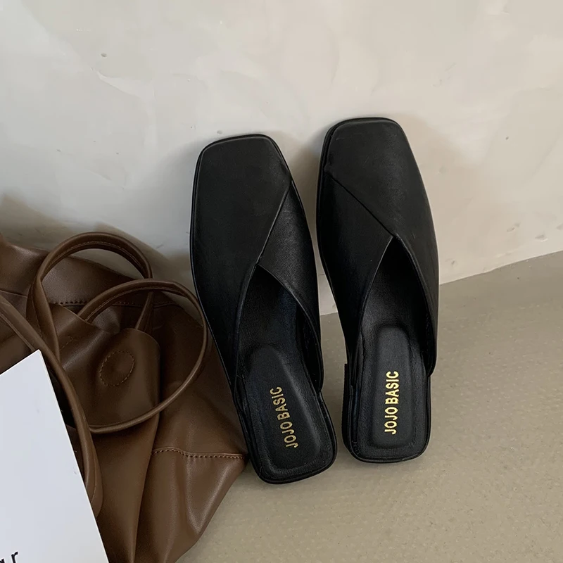

Women Sandals 2021 Summer Simple Fashion Non-slip Flats Slip On Mules Flat Heel Casual Square Toe Shoes Designer Female Sandals