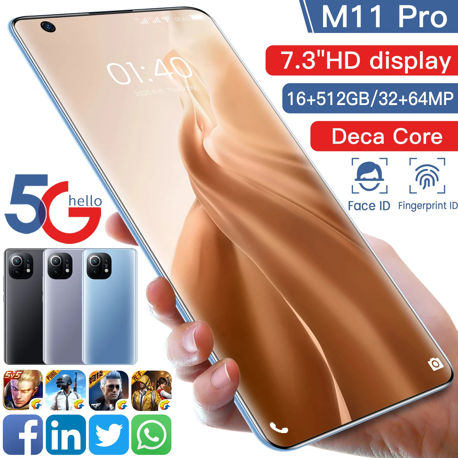 

M11 Pro 2021 5G Network MT6889+ 10 Core 16+512GB Smart Phone 32MP+64MP 7.3 Inch 1440*3200 6800mAh Face ID Andriod 11 Cellphones