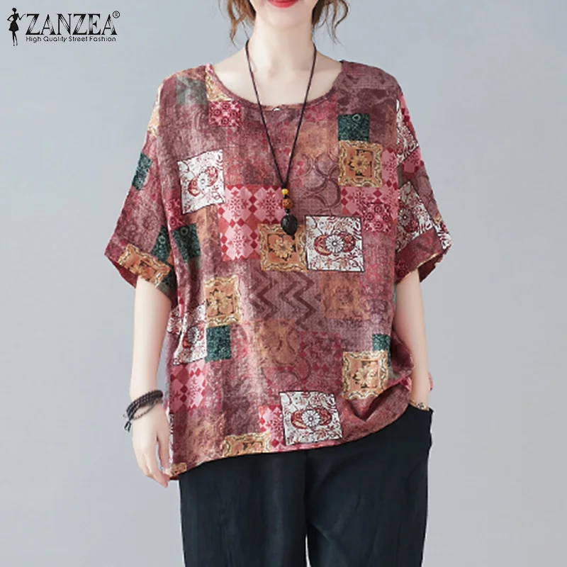 

Womens Casual Short Sleeve Blouse ZANZEA Floral Print Pullover 2021 Fashion Irregular Blusa Tunic Vintage Summer Tops