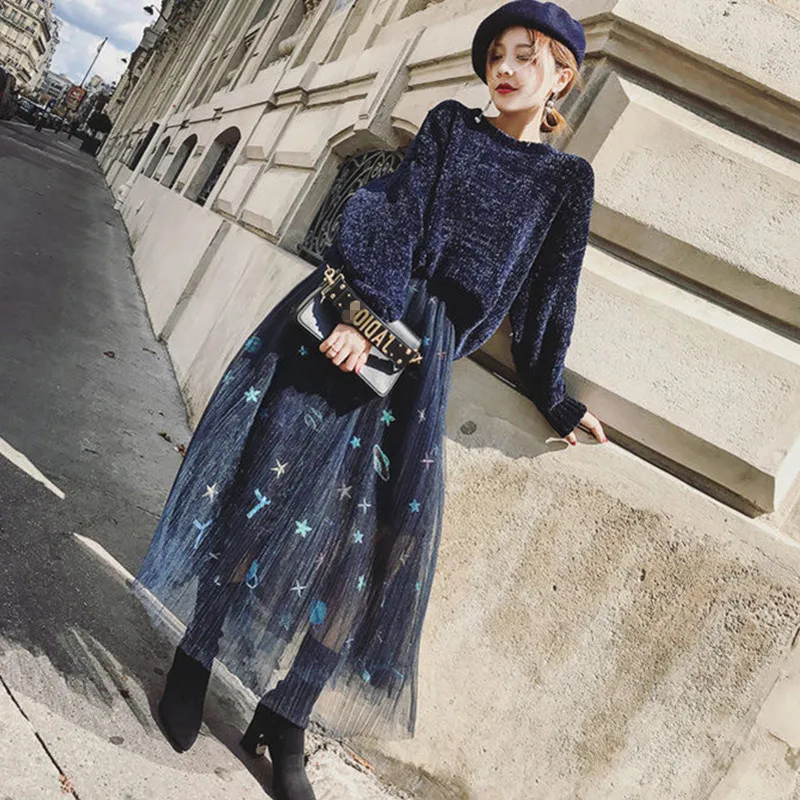 Модный свитер наборы 2019 осень зима новый мягкий бархатный и вышивка длинная