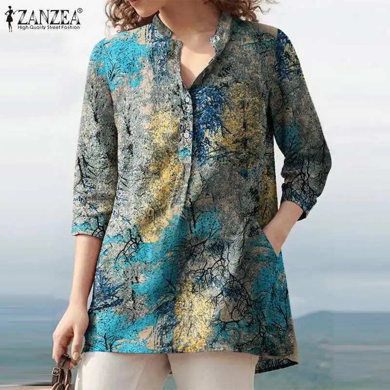 

Women Autumn Shirt Vintage Floral Printed Tunic Tops ZANZEA 2021 Bohemian 3/4 Sleeve Work Blusas Casual Loose Blouse Chemise