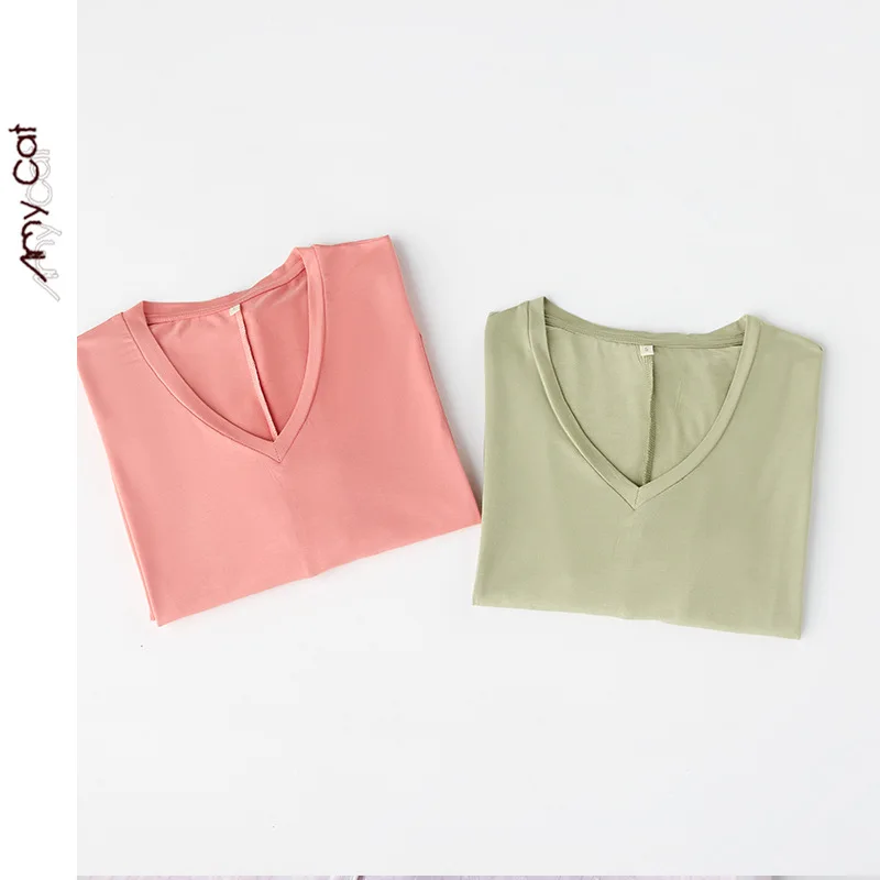 

Женская ночная рубашка из модала, универсальная Повседневная сорочка с V-образным вырезом, простая Однотонная ночная рубашка с коротким рук...