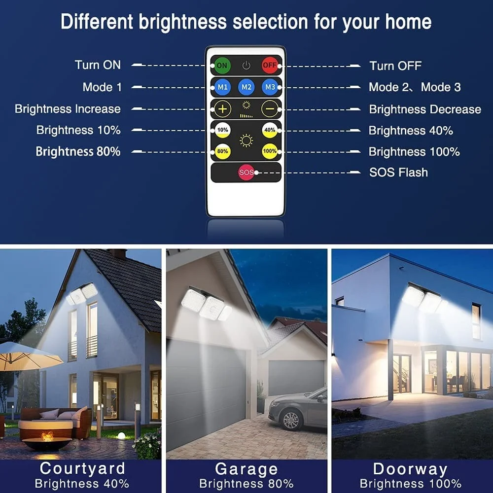 

Solar Light Outdoor, 132 LED Motion Sensor Security Flood Lights 3 Adjustable Heads 3 Modes with Remote Control IP65 Waterproof