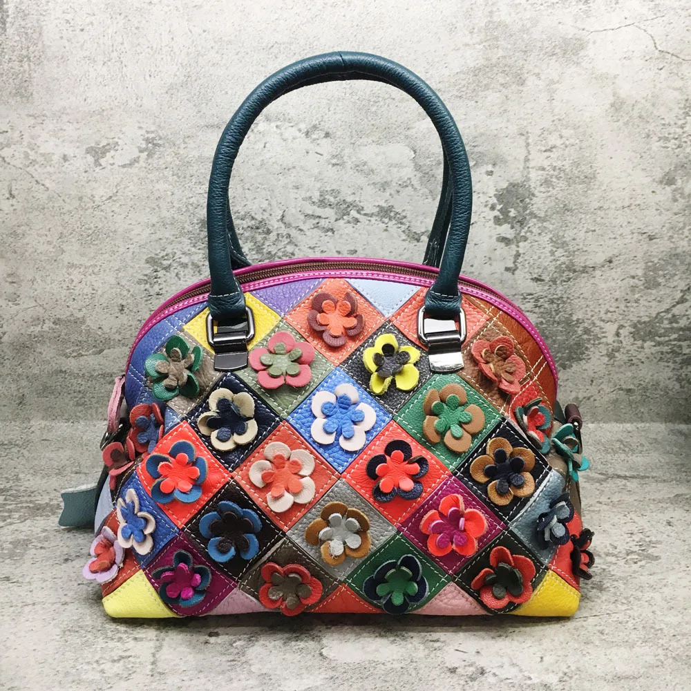 

Stitching Leather Hand Carrying and Shoulder Carrying Aslant Bag Leather Colorful Flower Bag European and American Style