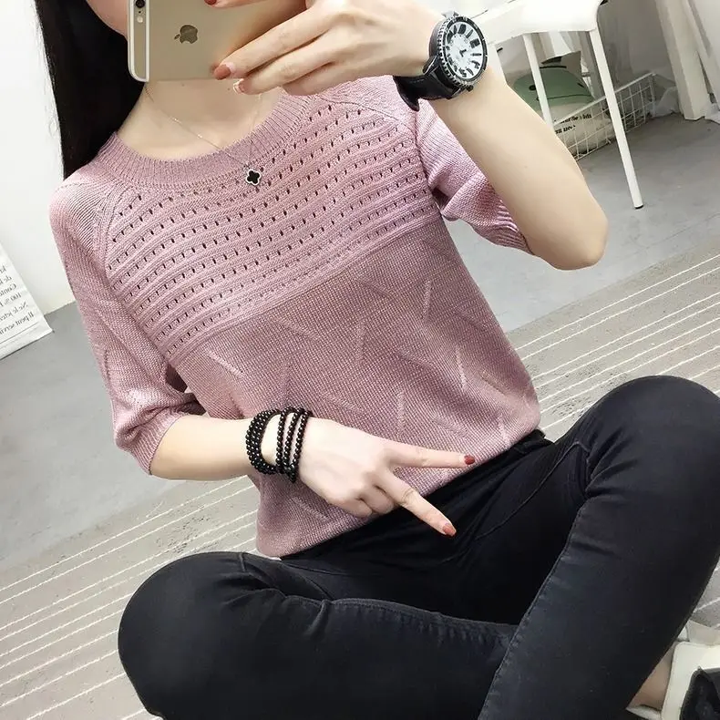 

Woman Sweaters Pullover Summer Knitted T-shirt Short-Sleeved Women's Loose Hollow Top Femme Chandails