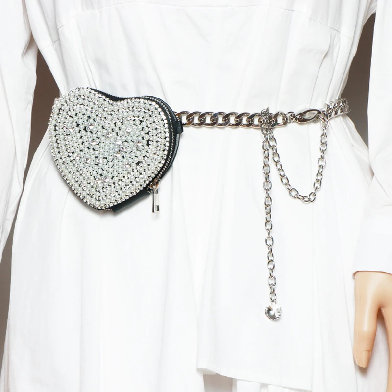 

DAEYOTEN 2022 New Pearl Chain Waist Bag Women Heart Shape Rhinestone Fanny Packs Luxury Designer Mini Coin Purse Summer ZM1199