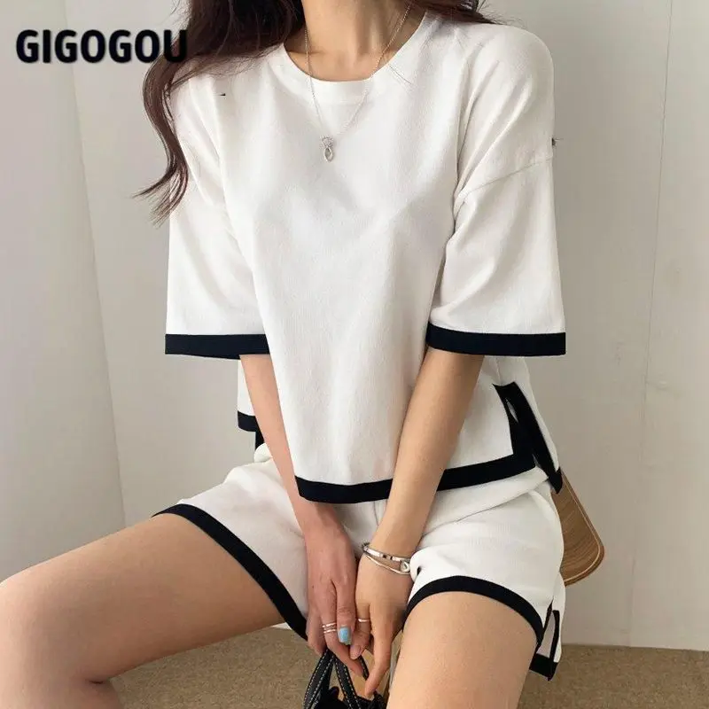 

GIGOGOU Summer Tracksuits Women Two Pieces Set Leisure Outfits Knitted T-shirt High Waist Shorts 2 Piece Suit Clothing
