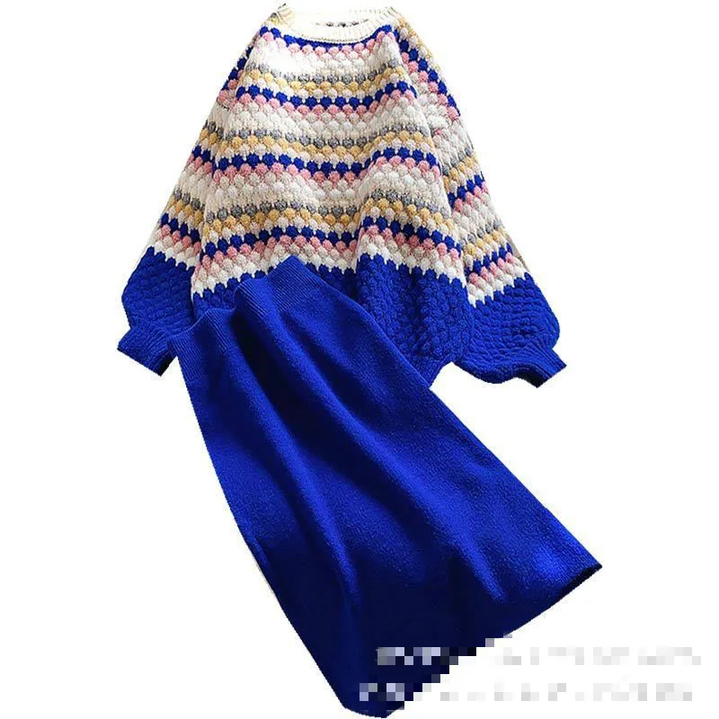 

Yocalor Fresh Sweet Suit Contrast Color Patchwork Knit Pullover Sweater + 2020 Solid Color All-match Skirt Two-piece Set Women