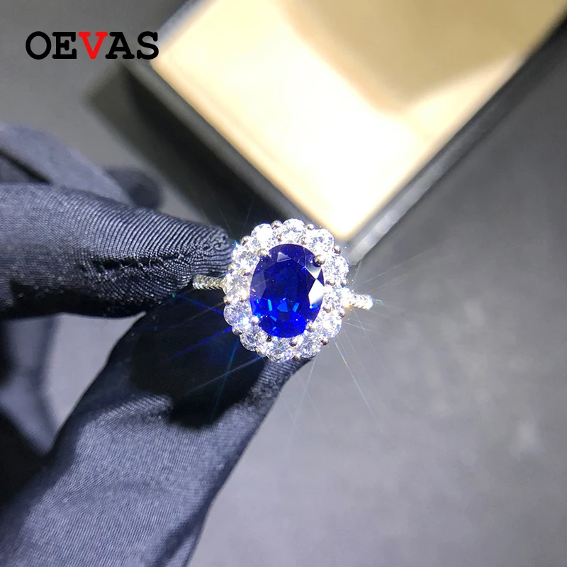 OEVAS искрящие AAAAA + Овальные Синие циркониевые свадебные кольца для женщин высшего