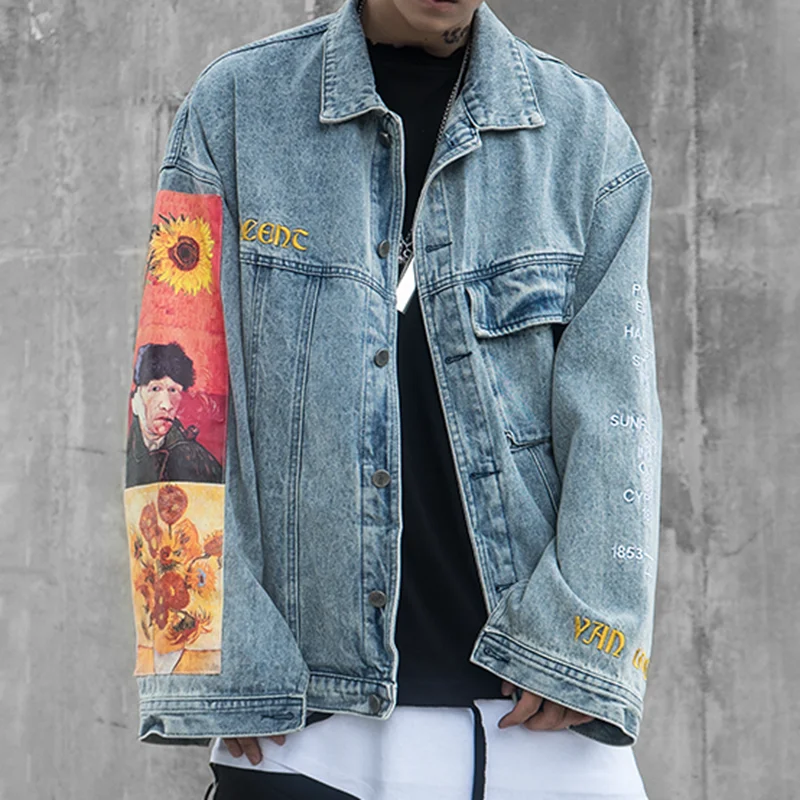 

Джинсовая куртка мужская в стиле хип-хоп, уличная одежда в стиле Харадзюку, джинсовая куртка с принтом Винсента Ван Гога и вышивкой, пальто и...