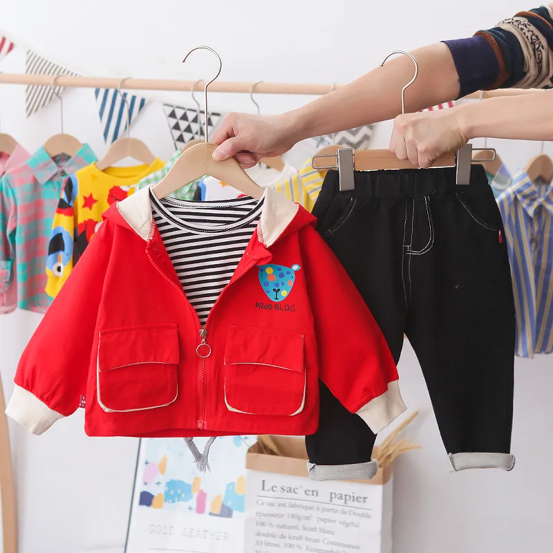

Autumn Infant Baby Boys Clothing Sets Kids Cartoon Hooded Jacket Stripe T Shirt Pants 3Pcs Baby Outfits Children Tracksuits