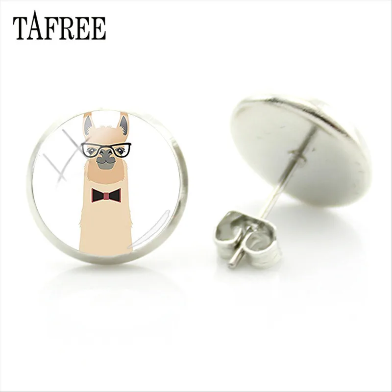 TAFREE, серьги-гвоздики из альпаки с изображением животных ламы, художественное изображение, стеклянный кабошон, очаровательные серьги для девочек и женщин, ювелирные изделия ручной работы, Gtifs YT13
