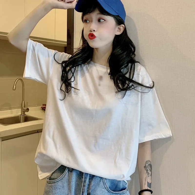 

Женская футболка, летние однотонные свободные топы с круглым вырезом и коротким рукавом, Женские Простые повседневные топы в Корейском сти...