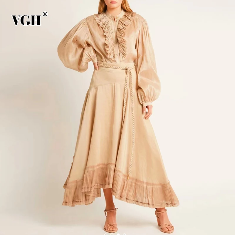 

VGH Casual Asymmetrical Solid Fold Pleated Dress For Women Stand Collar Lantern Sleeve Gathered Waist Dresses Female Style 2021