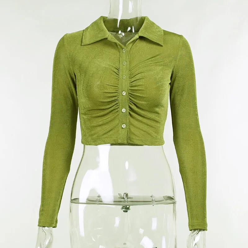 

New Sexy V-neck Vintage Green Mesh Crop Tops 2021 Spring Autumn Long Sleeve T-shirt Skinny Women Buttons Chic Short Tee PR2852G