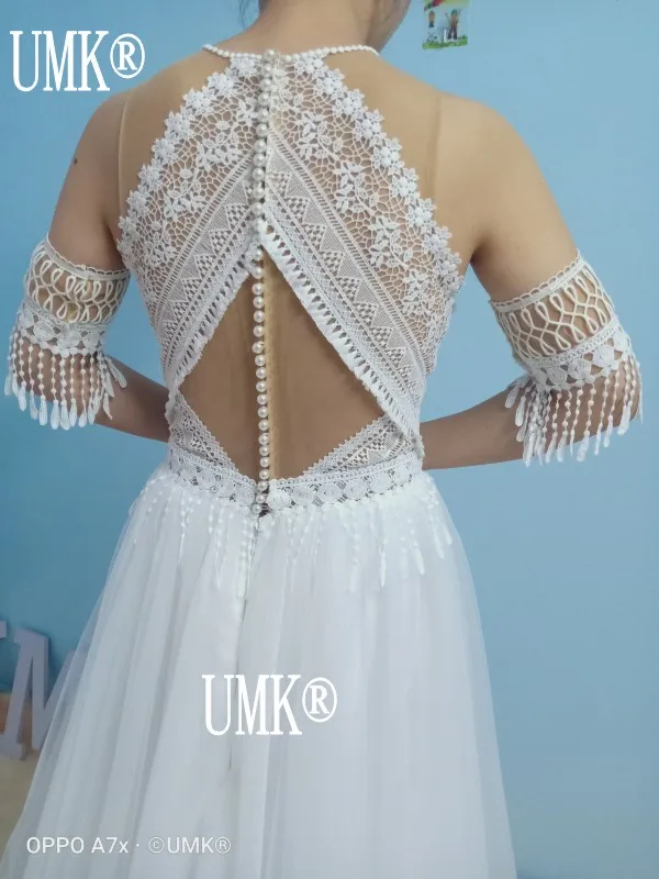 UMK новейшее пляжное Бохо свадебное платье кружева o-образным вырезом кисточки короткий рукав Vestido De Noiva Элегантный Тюль богемные свадебные платья