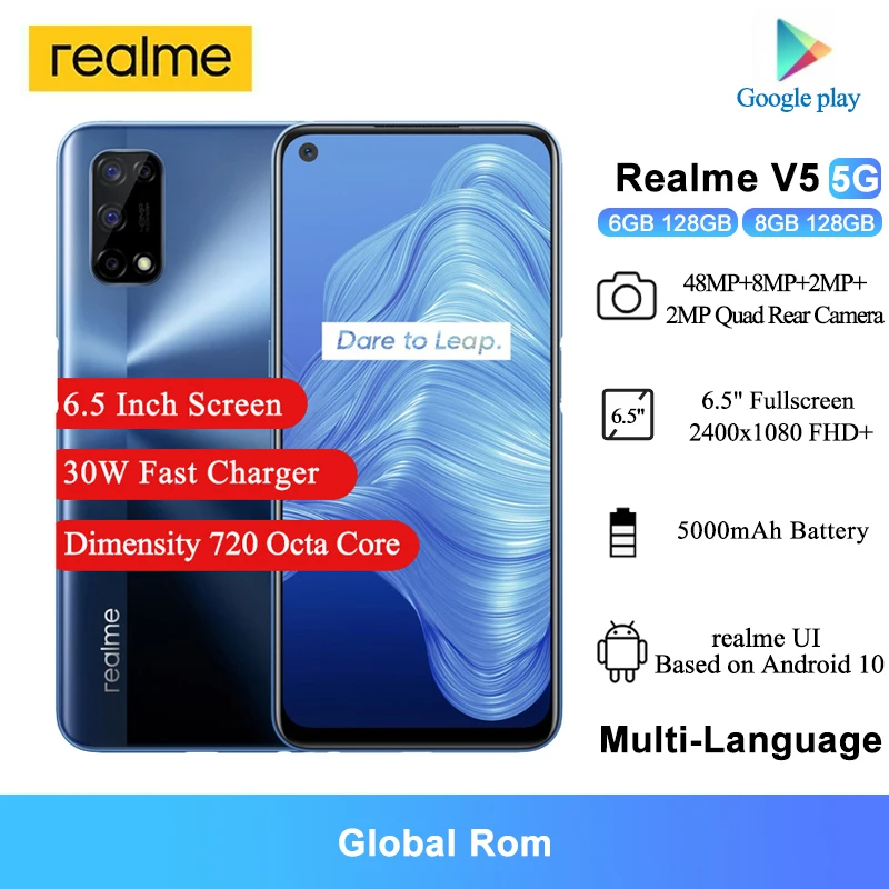 Realme V5 5G смартфон 6 5 дюймов FHD + безрамочный экран с Dimensity 720 Octa Core 48MP сзади Камера 5000