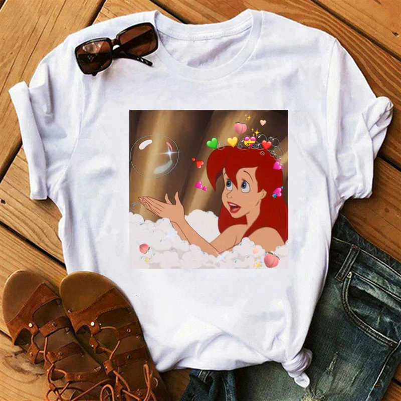 

Disney Funny Princess Print Short Sleeve T-shirt Women Harajuku Loose Top Casual Round Neck Female Summer Clothes Tee
