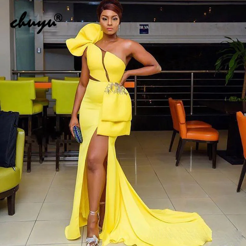 

Yellow Evening Dress One Shoulder Satin Slit Illusion vestido de festa Islamic Dubai Saudi Arabic Evening Gown Prom Dress