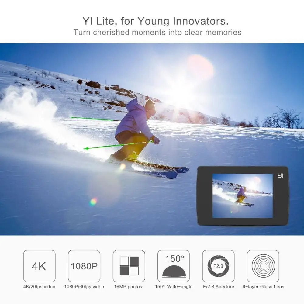 YI Lite экшн камера Sports 16MP настоящий 4K со встроенным WI FI 2 дюймов ЖК дисплей Экран 150
