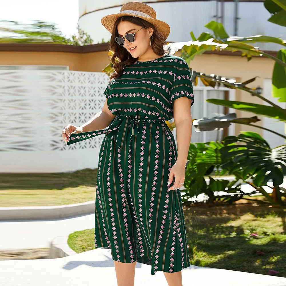 Женские платья с круглым вырезом коротким рукавом и геометрическим принтом