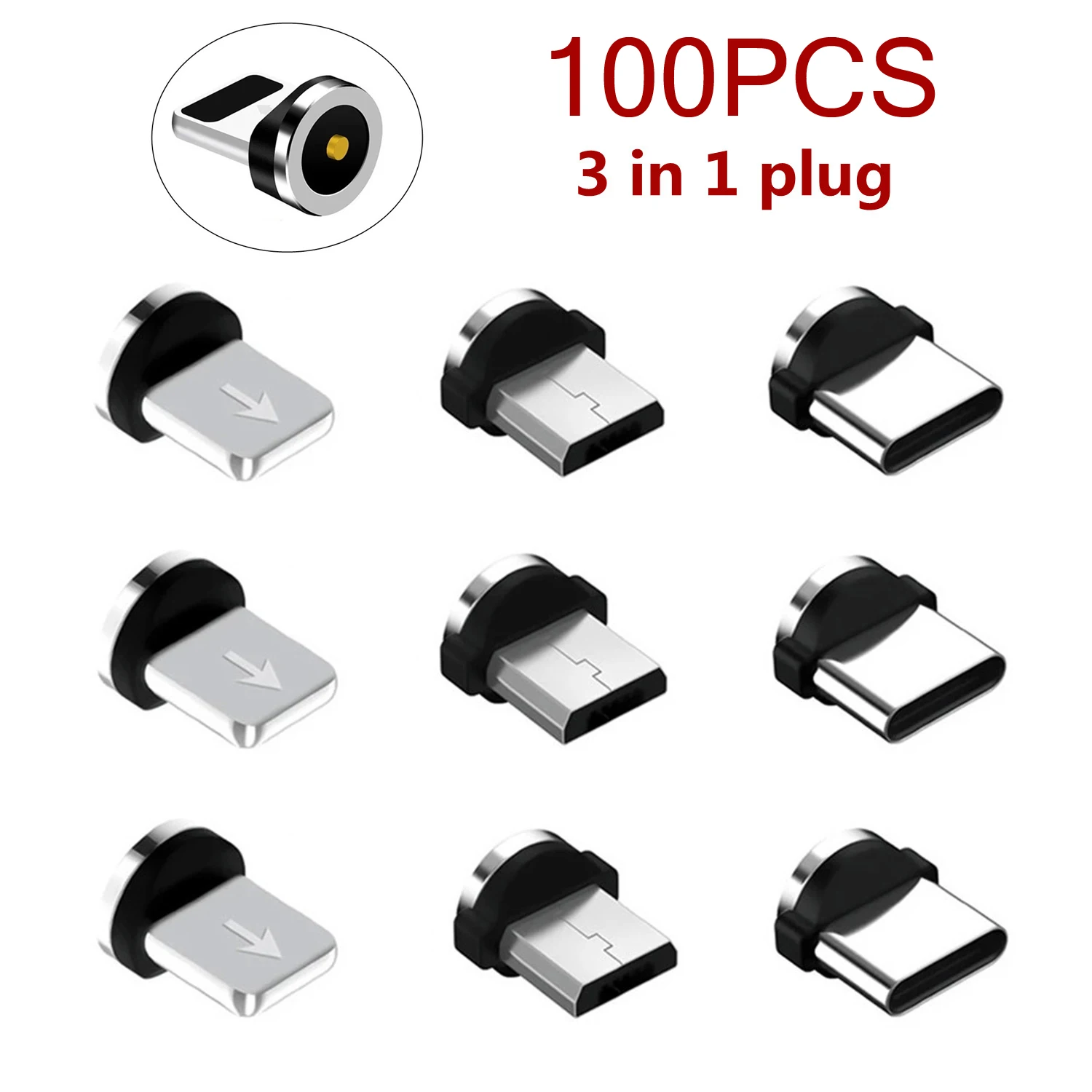 100PCS punte magnetiche parti di ricambio per telefoni cellulari 3 IN 1 spina Micro convertitore cavo adattatore tipo C USB C per iPhone 12 Samsung