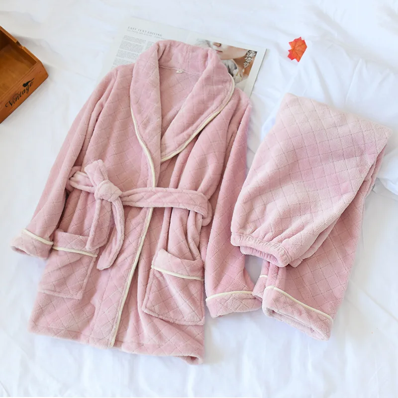 Pink Pajamas Зимняя клетчатая Пижама Женское утепленное плотное Фланелевое флисовое пижамы наборы Пижама-кимоно Женская домашняя одежда Новинка - Цвет: Pink Pajamas
