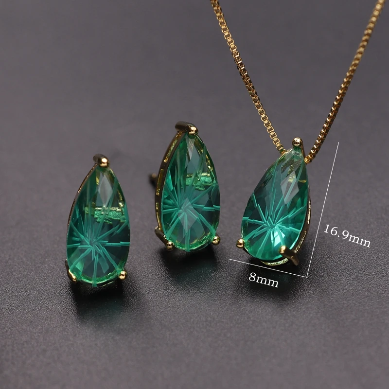 

Fashion Green Water Drop Crystal Jewelry Set Gold Color Chain Blue Pendant Necklace Earrings Set For Women Bride Wedding Jewelry