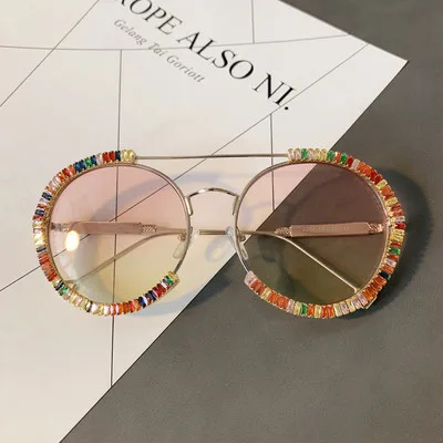 

Zircon Colored Diamond Sunglasses For Female Metal Sunglasses Chain Decorative Tide Exaggerated Ins Europe And America 2021 New