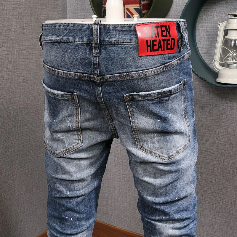 Newly Streetwear Fashion Men Jeans Retro Blue Plain Washed Slim Fit Ripped Jeans Men Brand Designer Vintage Casual Denim Pants