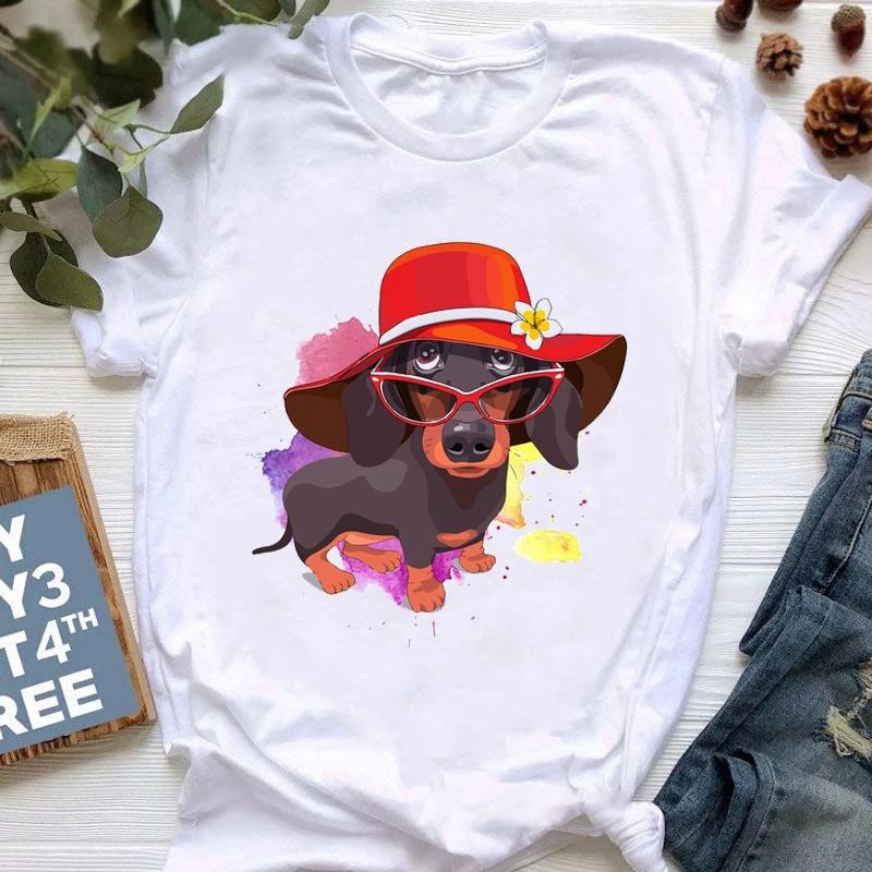 

Female White T-shirts Femme Cute Dog Tshirts Tees Playful Dachshund with Flowers on Head Printed Tshirt Women Summer Clothes Top