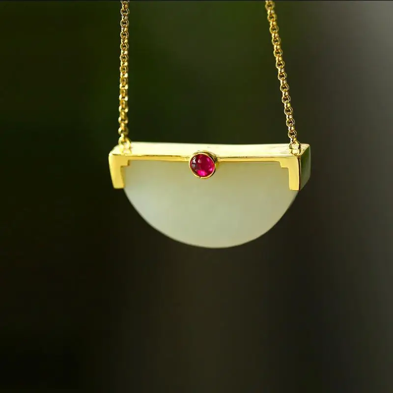 

Художественный дизайн модный стиль Hetian нефритовый геометрический полукруглый кулон S925 серебро позолота французский стиль ожерелье для же...