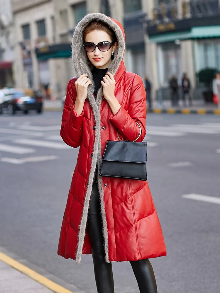 

Genuine Leather Winter Jacket Mink Fur Collar Down Jackets for Women Real Sheepskin Coat Plus Size MY3914