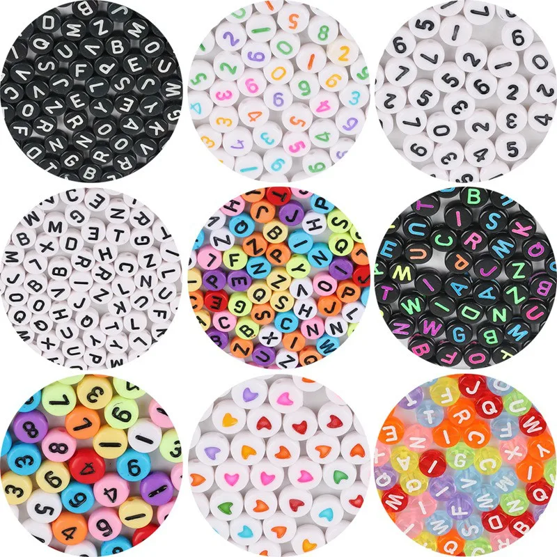 

100 Flat Round Beads For Jewelry Making Acrylic Mixed Beads With Letters/Numbers For Bracelet Handmade Diy Bracelet Necklace