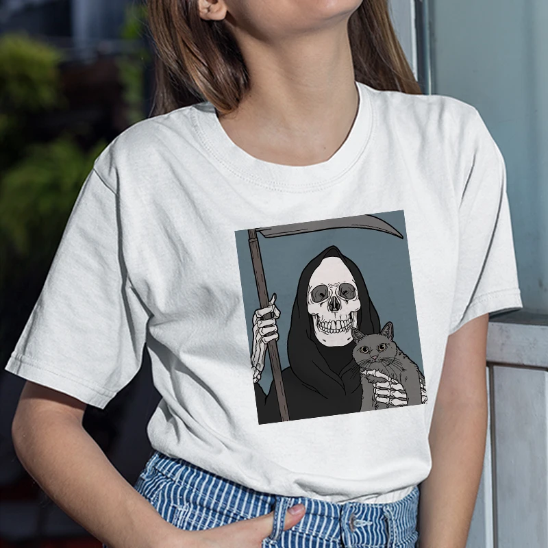 

Женская футболка с принтом черепа и кота, с коротким рукавом