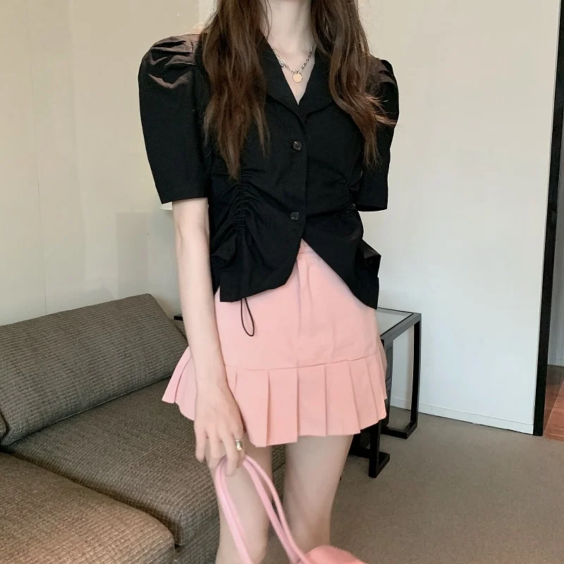 Черная рубашка во французском стиле популярный костюм для девочек летняя