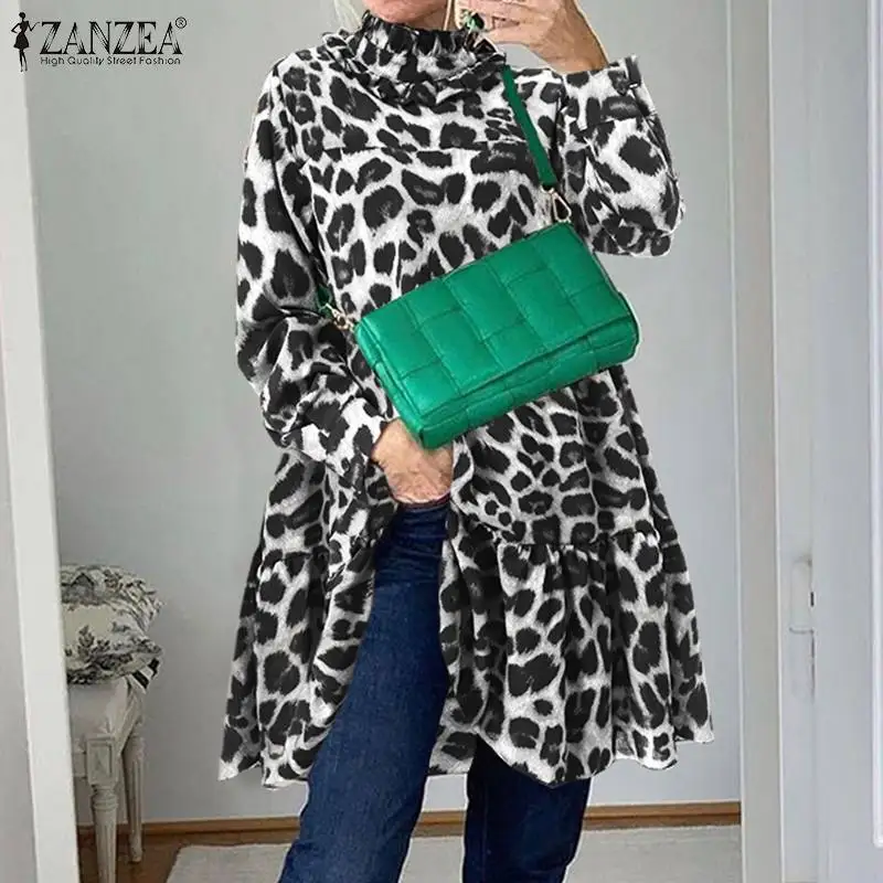 

Oversized Women Fashion Ruffle Blouse ZANZEA 2022 Leopard Printed A-line Top Tunic Casual Shirts Blusa Femininas Female Chemise