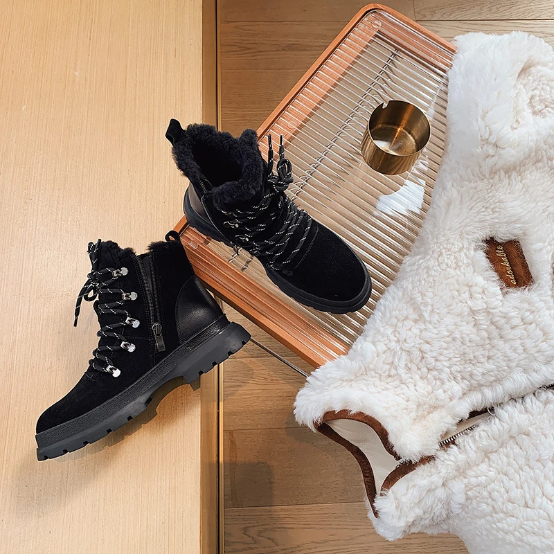 

Meotina Genuine Leather Real Wool Fur Flats Platform Snow Boots Women Zipper Cross Tied Warm Short Boots Lady Ankle Boots Shoes