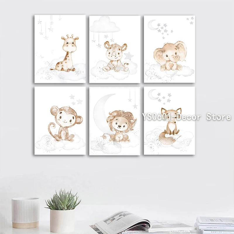 

Cartoon Lion Elephant Animals Beige Wall Art Canvas Painting Posters and Prints Pictures Cafe Home Baby Room Decor (No Frame)