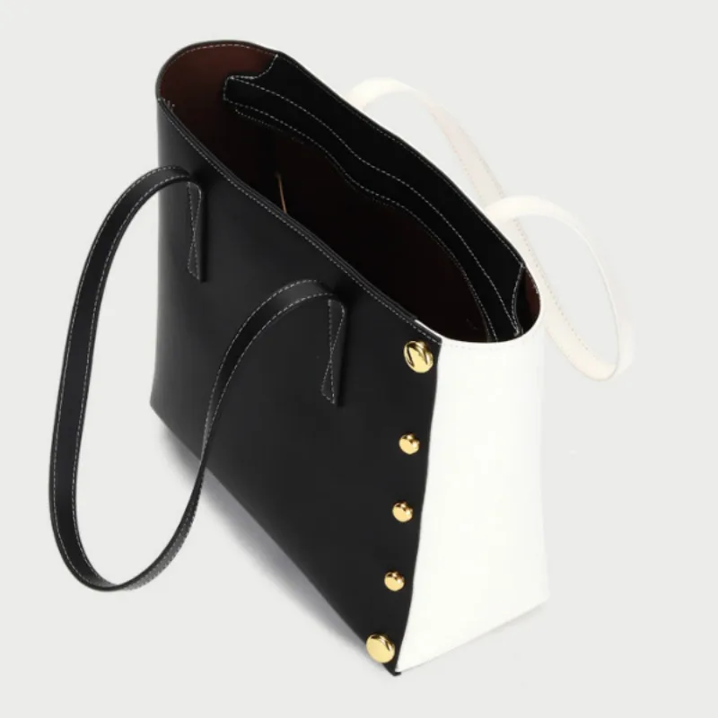 

Coated Cowhide Leather Large Capacity Women Tote Bag Color Patchwork Soulder Bag For Ladies Winter Rivet Handbag