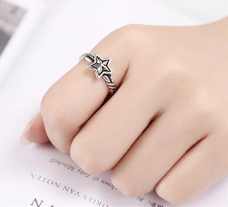 MEETSOFT Thai Silver Opening Ring With 925 Stamp For Women Simple Adjustable Retro Small Star Jewelry Gift | Украшения и