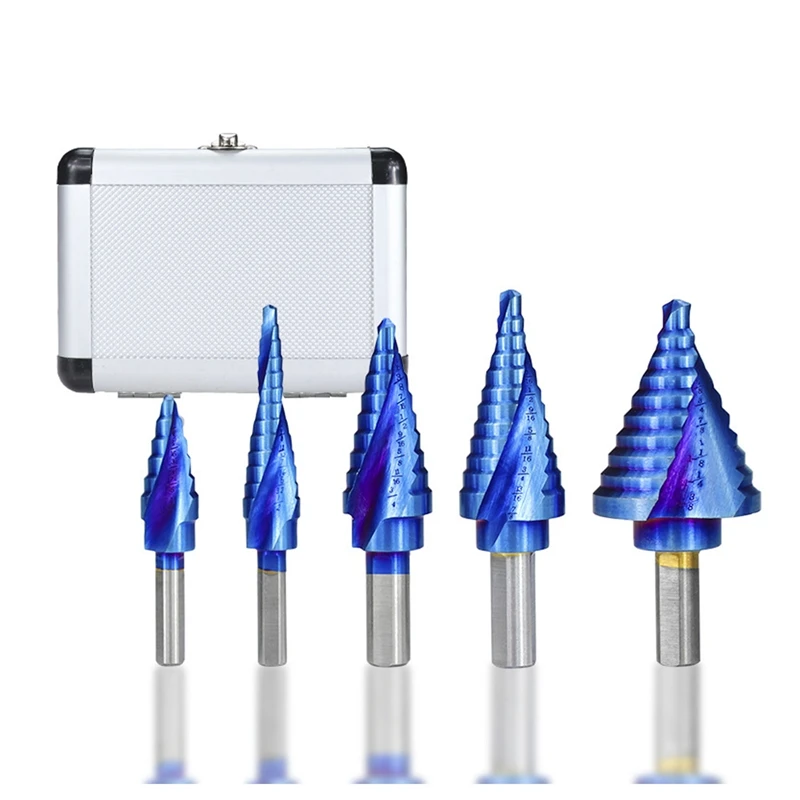 

5 Pcs Step Drill Bit Set Nano Blue Coated Hole Cutter Triple-cornered Shank Pagoda Drill
