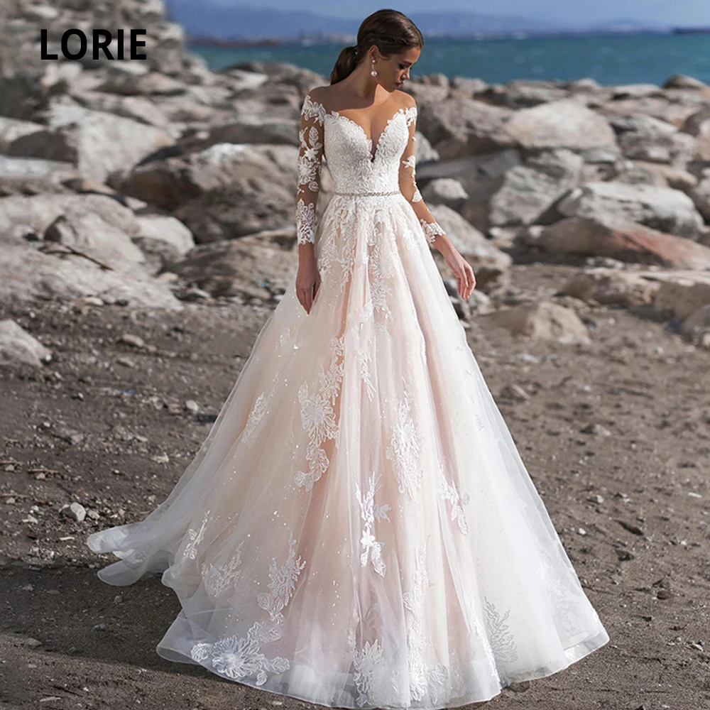 

LORIE 2020 Long Sleeve Pink Wedding Dresses Lace Appliques Bridal Gown Illusion Tulle Princess Wedding Party Dress Sweep Train
