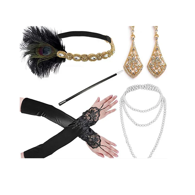 

The 1920s vintage flapper wommen AccessoriesGreat Gatsby Costume Five-piece Headpiece smoke rod Necklace Gloves Eearring