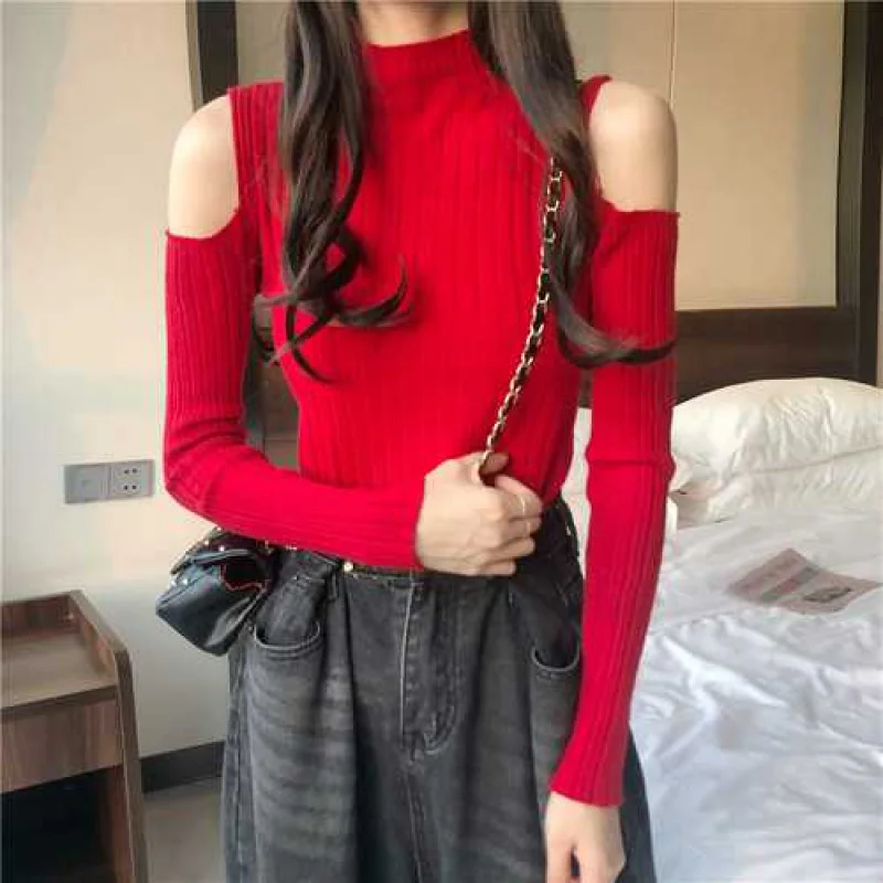 Sweater Women Turtleneck Off-shoulder sexy knit Orange short sweater 2020 Winter jumpers elegant solid Full slim pullover tops | Женская