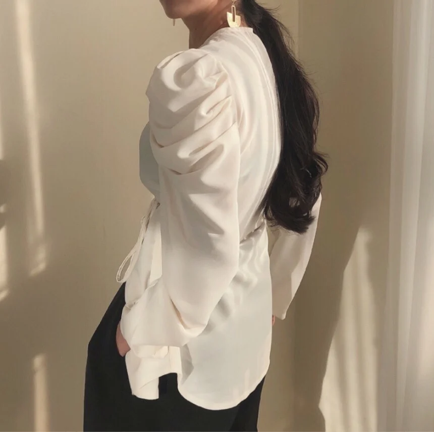 

ZCSMLL Round Neck Single-breasted Lace-up Waist Mid-length Micro-transparent Puff Sleeve Shirt Women 2021 Spring Summer