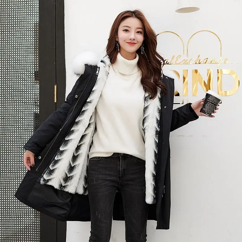 

2020 New Korean Slim Jacket Women Winter Real Natural Genuine Fox Fur Padded Coat Female Student wool Big Collar Hood Parker N38