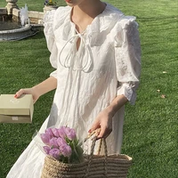 vintage french elegant midi dresses women bandage casual short sleeve sweet girls white dress female new korean fashion vestidos
