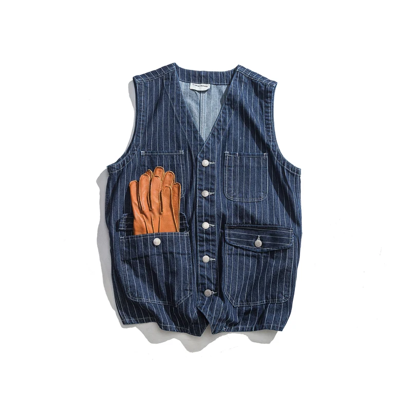 

Синяя мужская джинсовая жилетка в полоску с несколькими карманами, модный винтажный жилет, повседневные жилеты для инструментов, мужские джинсовые куртки без рукавов