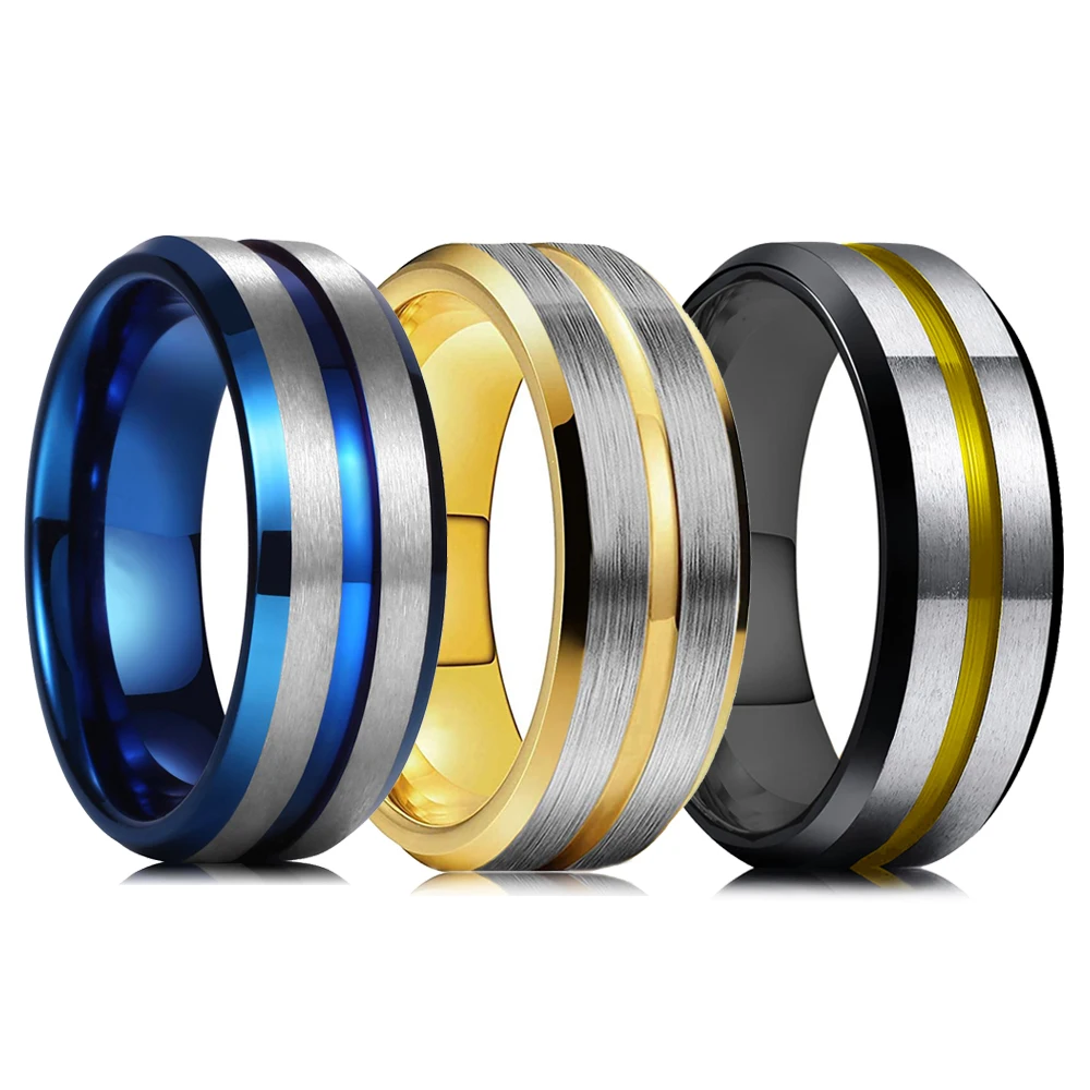 

Fashion 8mm Stainless Steel Rings for Men Blue Gold Color Groove Beveled Edge Wedding Engagement Rings Men's Anniversary Jewelry